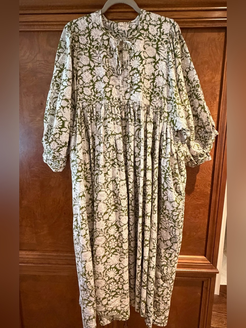 Anthropologie Olive and White Floral Tie-Neck Maxi Dress